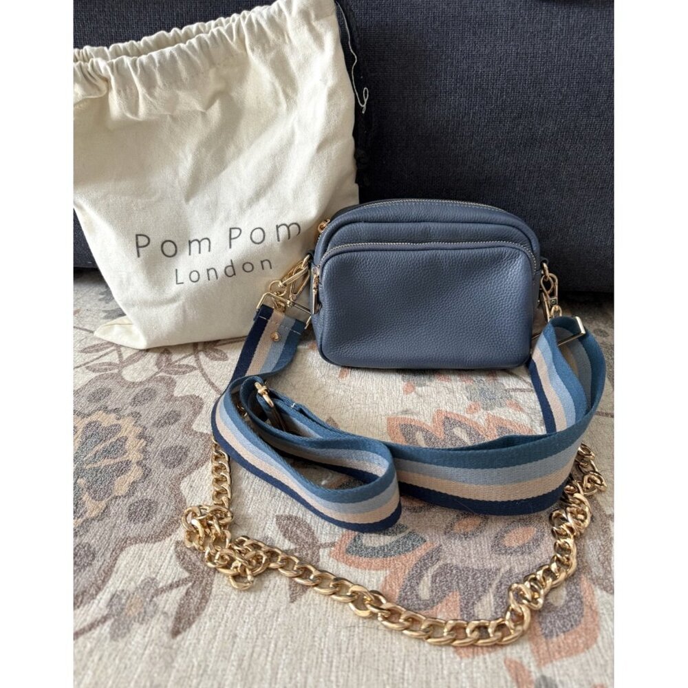 Pom Pom London Original Leather Crossbody Bag In Slate Blue With 2 Straps Small
